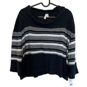 NWT Free People We the Free Sea Side Linen Blend Cowl Neck Top Small Black Combo
